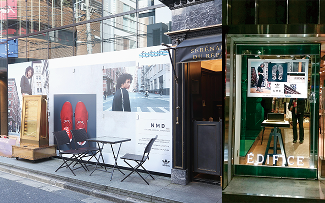 「アディダスオリジナルス」のヒットスニーカー“NMD”のプロモーションは、昨年のデビュー時はアディダスの予算で行ったが、今年3月はイモトの予算で行った。ナノユニバース、アメリカンラグシー、エディフィスといった有名セレクトショップのウインドーを“NMD”のポスターやパネルが一斉にジャックした