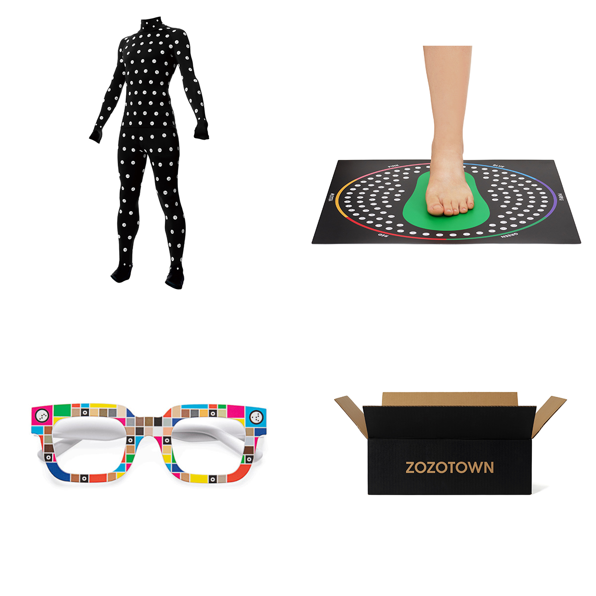 ゾゾスーツ（左上）とゾゾマット（右上）、ゾゾグラス（左下）、ゾゾ箱（右下）