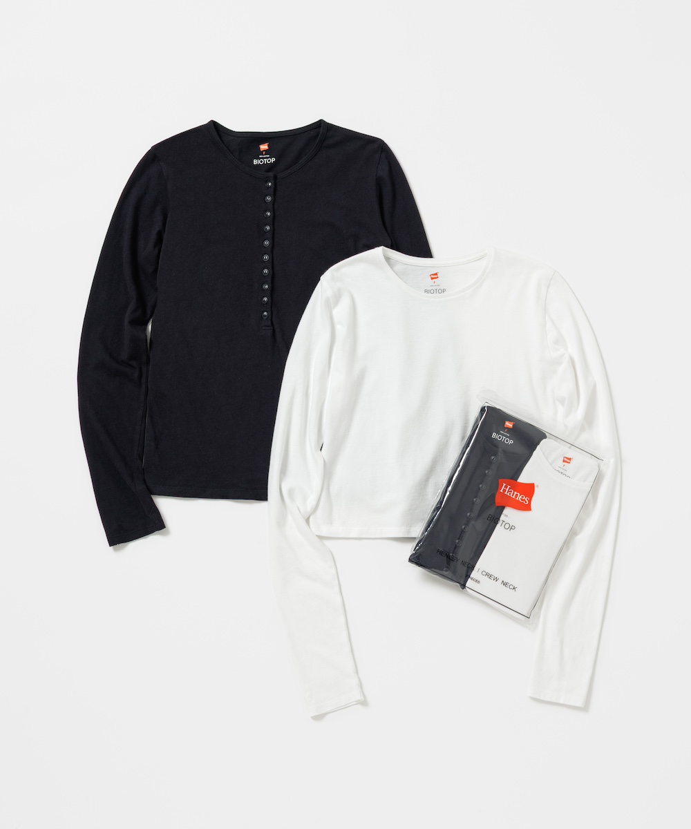 美品・未使用 3枚セットBIOTOP Hanes ロングスリーブ クルーネック ビオトープ」の「ヘインズ」別注 25年秋冬はヘンリーネックと