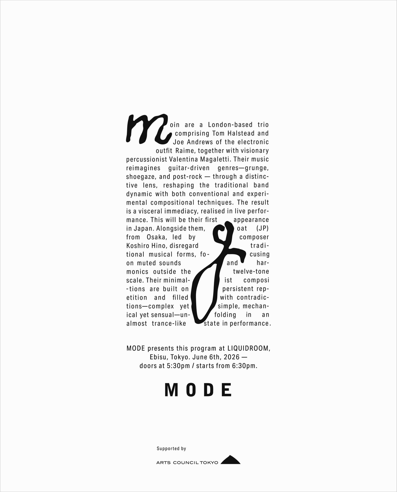 実験音楽プラットフォーム「MODE」2026年第1弾プログラムが6月にリキッドルームで開催　Moinとgoatが共演